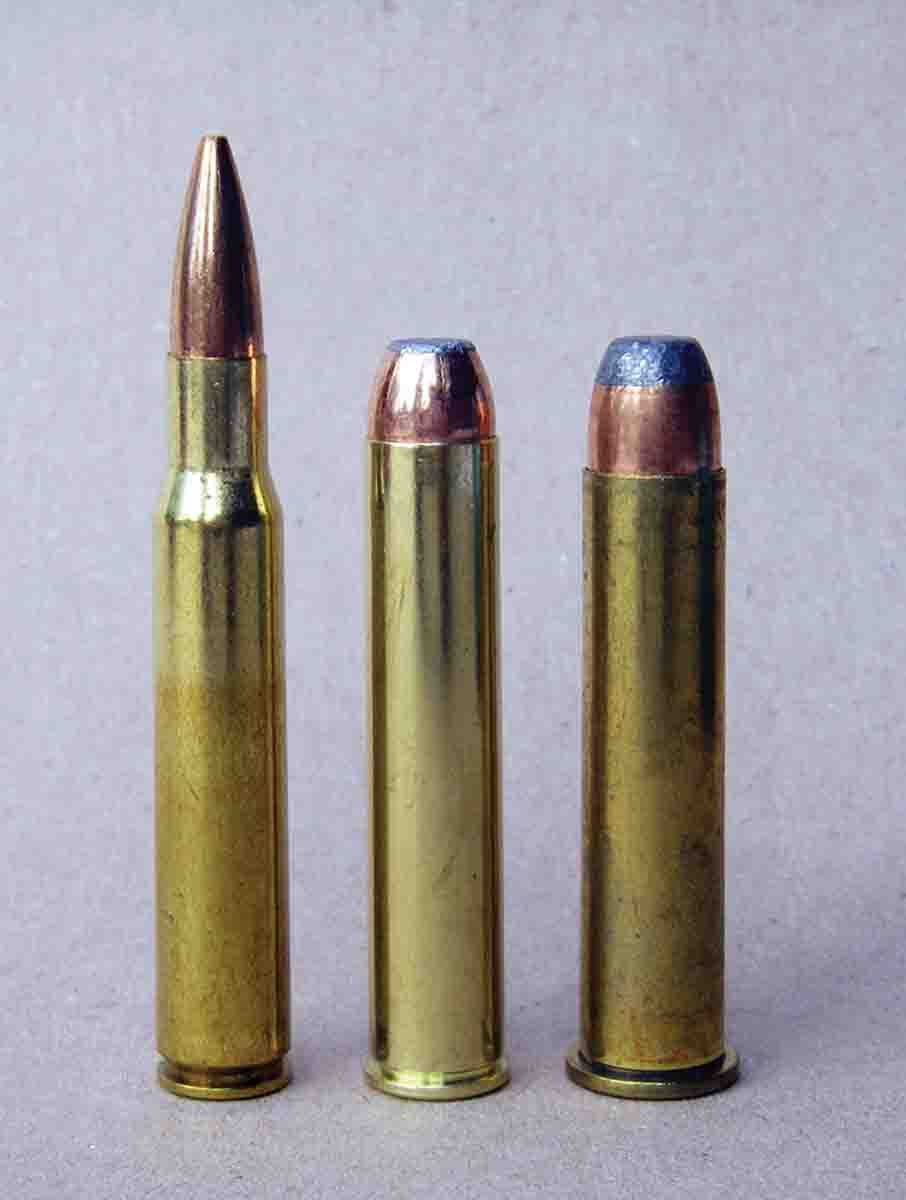 The .444 Marlin (center) is based on a modified .30-06 case (left), but with a rim and straightened walls to accept bullets with a diameter of .429 to .430 inch. The .45-70 Government (right) is shown for comparison.